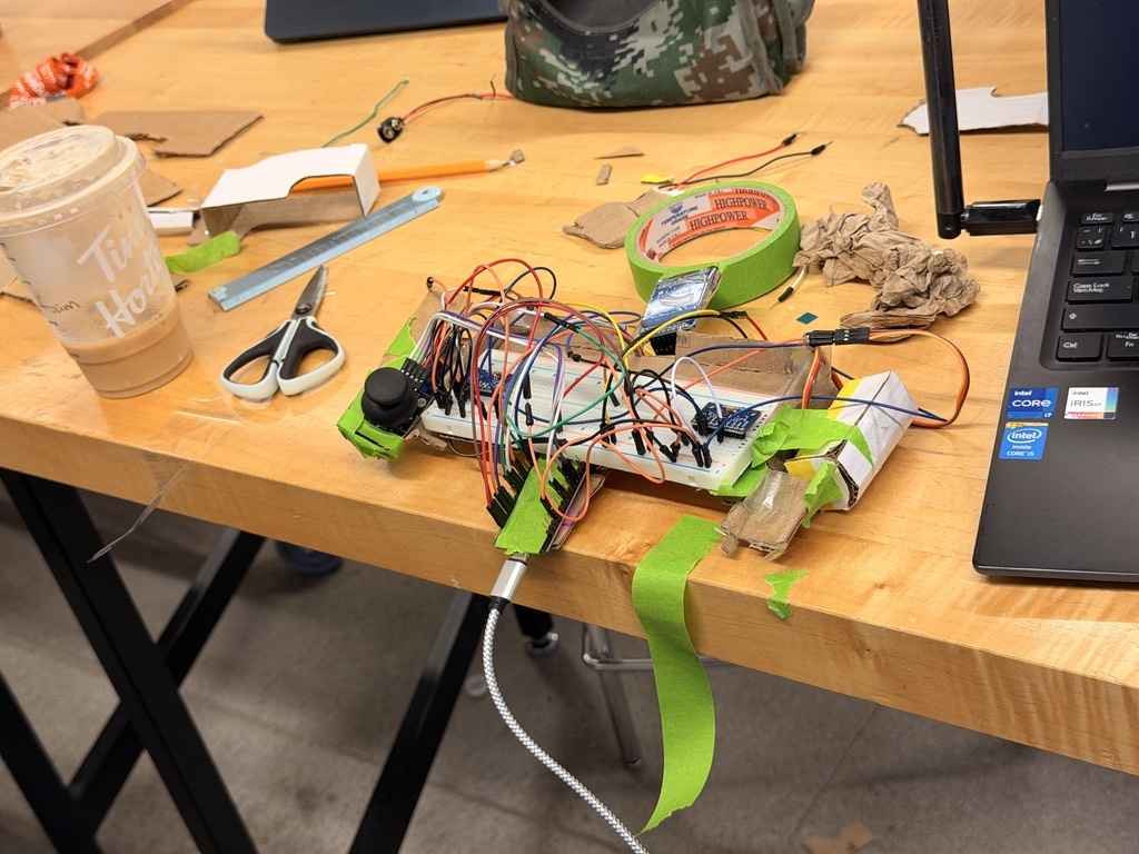 The wheel's guts: ESP32, IMUs, joystick and a lot of tape